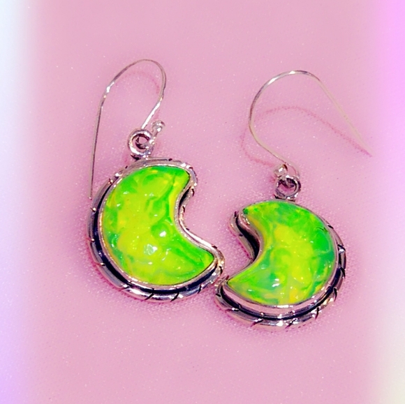 Carved Neon Opal Sterling Silver Gemstone Earrings - Picture 2 of 4